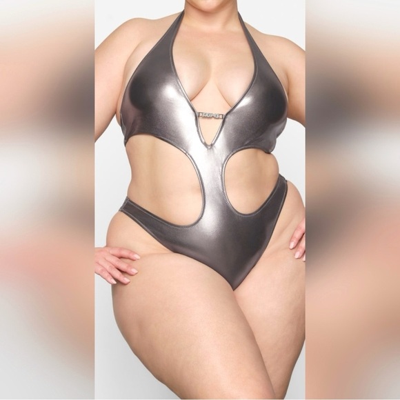 SKIMS 1 Piece Sexy Cut Out Halter Monokini Swimsuit Metallic Carbon 26-28 4X - Picture 1 of 4
